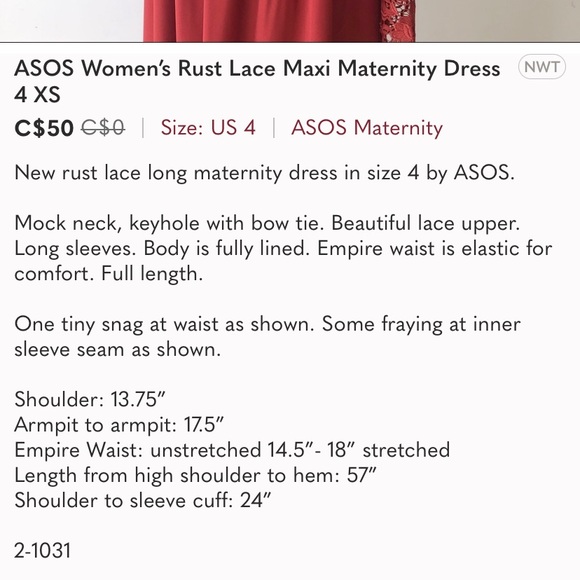 ASOS Women’s Rust Lace Maxi Maternity Dress 4 XS - Picture 14 of 14